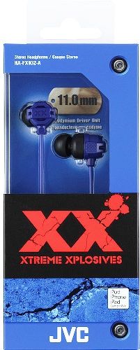 JVC HA-FX102-A XX Xtreme Xplosives Bass IE Stereo Headphones, Blue, 200mW/IEC Max. Input Capability, Frequency Response 5-23000Hz, Nominal Impedance 16ohms, Sensitivity 100dB/1mW, 
