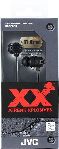 JVC HA-FX102-B XX Xtreme Xplosives Bass IE Stereo Headphones, Black, 200mW/IEC Max. Input Capability, Frequency Response 5-23000Hz, Nominal Impedance 16ohms, Sensitivity 100dB/1mW, 