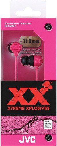 JVC HA-FX102-P XX Xtreme Xplosives Bass IE Stereo Headphones, Pink, 200mW/IEC Max. Input Capability, Frequency Response 5-23000Hz, Nominal Impedance 16ohms, Sensitivity 100dB/1mW, 