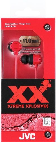JVC HA-FX102-R XX Xtreme Xplosives Bass IE Stereo Headphones, Red, 200mW/IEC Max. Input Capability, Frequency Response 5-23000Hz, Nominal Impedance 16ohms, Sensitivity 100dB/1mW, 