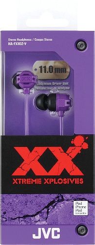 JVC HA-FX102-V XX Xtreme Xplosives Bass IE Stereo Headphones, Purple, 200mW/IEC Max. Input Capability, Frequency Response 5-23000Hz, Nominal Impedance 16ohms, Sensitivity 100dB/1mW, 