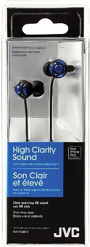JVC HA-FX40-A High Clarity Sound Inner Ear Headphones, Blue; 200mW (IEC) Max. Input Capability; 0.33