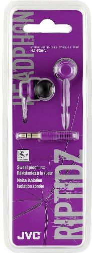 JVC HA-FX8-V Riptidz Inner-Ear Headphones, Violet; 200mW (IEC) Max. Input Capability; Frequency Response 10-20000Hz; Nominal Impedance 16ohms; Sensitivity 101dB/1mW; Sweatproof design ideal for daily activities, particularly jogging or exercising; Superior noise-isolation; Powerful sound with 11mm driver unit; UPC 046838048463 (HAFX8V HAFX8-V HA-FX8V HA-FX8)
