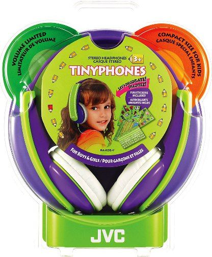 JVC HA-KD6-V Kids Tinyphone Stereo Headphones, Violet, 200mW(IEC) Max. Input Capability, Frequency Response 15-23000Hz, Nominal Impedance 782 ohms, 1.81 Driver Unit, Built-in volume limiter reduces sound pressure level to 85dB/1mW, Wide headband can be decorated with supplied stickers or users' own, Small size for children (over 3 years old), UPC 046838070143 (HAKD6V HAKD6-V HA-KD6V HA-KD6)