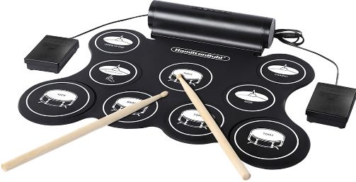 HamiltonBuhl FDRM Portable Roll-Up Electronic Drum Pad; Includes: Roll Up Drum Pad, Drumsticks (2 Individual Drumsticks), Charging Cable, Sustain Pedals (1 Hi-Hat and 1 Kick Drum) and 3.5mm Aux Cable; Built-In High Quality Dual Speaker System With Super Bass Effect; Hi-Hat Pedal; Kick Drum Pedal; Built-In Rechargeable Battery; UPC 681181626687 (HAMILTONBUHLFDRM FD-RM)