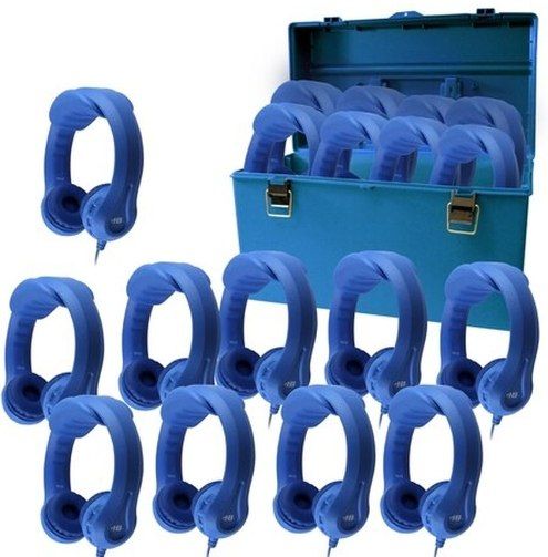 HamiltonBuhl HMC-18KBL Lab Pack of 18 Blue Flex-Phones Indestructible Foam Headphones in Large Lockable Carrying Case for Early Learners; 30mm Speaker Drivers, 32Ω Impedance, 85dB 3dB Sensitivity, 20-20000Hz Frequency Response; 4' Dura-Cord - Chew-Resistant, PVC-Jacketed, Braided Nylon; Heavy-Duty, Write-On, Moisture-Resistant, Reclosable Bag (HAMILTONBUHLHMC18KBL HMC18KBL HMC 18KBL)