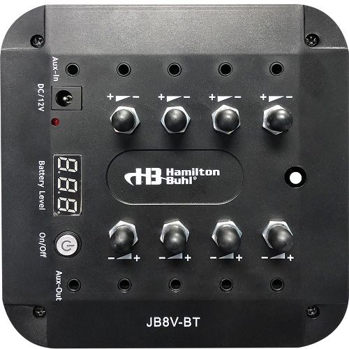 HamiltonBuhl JB8V-BT 8-Position Bluetooth-Enabled Stereo Jackbox with Individual Volume Controls, Black, Heavy Gauge Plastic Construction, Rugged And Durable, Easy To Use, Battery Level Digital Readout, Accommodates Up To Eight 3.5mm Headphone Jacks, Daisy-Chainable Via Wire Connection With Up To 2 More Units, 8 Individual Volume Control Knobs, UPC 681181626694 (HAMILTONBUHLJB8VBT JB8VBT JB8V BT)