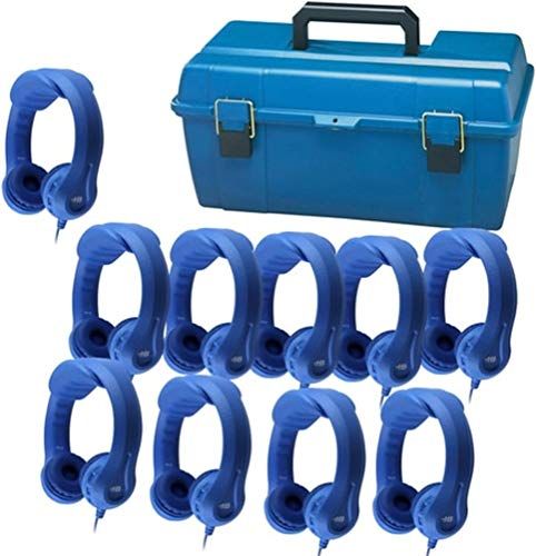 HamiltonBuhl LCP-10KBL Lab Pack of 10 Blue Flex-Phones Headphones in Large Lockable Carry Case for Early Learners; Fits with MP3 Players, Cell Phones, Tablets/eReaders, Chromebooks, Computers (Mac & PC), CD Players/Stereos, TVs and Most Gaming Systems; 40mm Speaker Drivers; 32Ω Impedance; 85db 3db Sensitivity; UPC 681181625536 (HAMILTONBUHLLCP10KBL LCP10KBL LCP 10KBL)