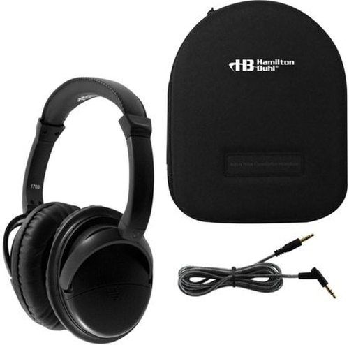 HamiltonBuhl NCHBC1 Deluxe Active Noise-Cancelling Headphones with Case, 40mm Driver Speaker, 105dB 4dB Sensitivity, 32Ω Impedance, 50Hz-20KHz Frequency Range, 50mW Rate Power, 100mW Power Handling Capacity, Active Cancellation Up to 15dB - 20dB, 5' Removable Dura-Cord, UPC 681181624362 (HAMILTONBUHLNCHBC1 NC-HBC1 NCH-BC1 NCHBC-1)