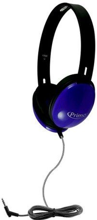 HamiltonBuhl PRM100 Primo Stereo Headphones, Blue; Plastic Headband; Washable Leatherette Cushions; 30mm Speaker Drivers; 32Ω Impedance; 105dB 4dB Sensitivity; 50-20000 Hz Frequency Response; Heavy-duty, Write-on, Moisture-resistant, Reclosable Storage Bag; 5' Dura-Cord - Chew-resistant, PVC-sleeved, Braided Nylon; 120 Angled 3.5mm Stereo Plug; UPC 681181624010 (HAMILTONBUHLPRM100 PR-M100 PRM-100 PRM 100)