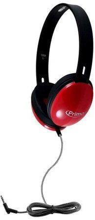 HamiltonBuhl PRM100R Primo Stereo Headphones,  Red; Plastic Headband; Washable Leatherette Cushions; 30mm Speaker Drivers; 32Ω  Impedance; 105dB 4dB Sensitivity; 50-20000 Hz Frequency Response; Heavy-duty,  Write-on, Moisture-resistant, Reclosable Storage Bag; 5' Dura-Cord -  Chew-resistant, PVC-sleeved, Braided Nylon; 120 Angled 3.5mm Stereo Plug; UPC  681181624027