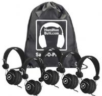 HamiltonBuhl SOP-FVBLK Sack-O-Phones, Includes: (5) FV-BLK Black Favoritz Headsets with In-Line Microphone and (1) SOP Carry Bag; 40mm Speaker Drivers; 32&#937; Impedance; 105db±4db Sensitivity; 50-20000Hz Frequency Response; In-Line Microphone; 5' Dura-Cord - Chew-Resistant, PVC-Jacketed, Braided Nylon; UPC 681181625437 (HAMILTONBUHLSOPFVBLK SOPFVBLK SOP FVBLK) 