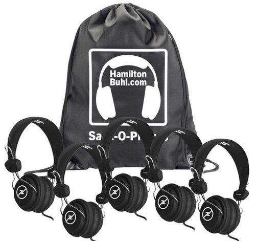 HamiltonBuhl SOP-FVBLK Sack-O-Phones, Includes: (5) FV-BLK Black Favoritz Headsets with In-Line Microphone and (1) SOP Carry Bag; 40mm Speaker Drivers; 32Ω Impedance; 105db4db Sensitivity; 50-20000Hz Frequency Response; In-Line Microphone; 5' Dura-Cord - Chew-Resistant, PVC-Jacketed, Braided Nylon; UPC 681181625437 (HAMILTONBUHLSOPFVBLK SOPFVBLK SOP FVBLK)