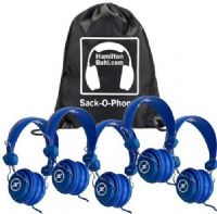 HamiltonBuhl SOP-FVBLU Sack-O-Phones, Includes: (5) FV-BLU Blue Favoritz Headsets with In-Line Microphone and (1) SOP Carry Bag; 40mm Speaker Drivers; 32&#937; Impedance; 105db±4db Sensitivity; 50-20000Hz Frequency Response; In-Line Microphone; 5' Dura-Cord - Chew-Resistant, PVC-Jacketed, Braided Nylon; UPC 681181625420 (HAMILTONBUHLSOPFVBLU SOPFVBLU SOP FVBLU) 