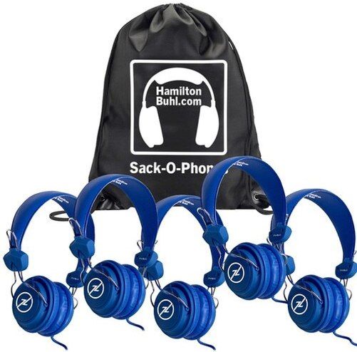 HamiltonBuhl SOP-FVBLU Sack-O-Phones, Includes: (5) FV-BLU Blue Favoritz Headsets with In-Line Microphone and (1) SOP Carry Bag; 40mm Speaker Drivers; 32Ω Impedance; 105db4db Sensitivity; 50-20000Hz Frequency Response; In-Line Microphone; 5' Dura-Cord - Chew-Resistant, PVC-Jacketed, Braided Nylon; UPC 681181625420 (HAMILTONBUHLSOPFVBLU SOPFVBLU SOP FVBLU)