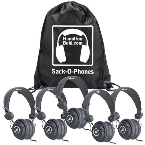 HamiltonBuhl SOP-FVGRY Sack-O-Phones, Includes: (5) FV-GRY Gray Favoritz Headsets with In-Line Microphone and (1) SOP Carry Bag; 40mm Speaker Drivers; 32Ω Impedance; 105db4db Sensitivity; 50-20000Hz Frequency Response; In-Line Microphone; 5' Dura-Cord - Chew-Resistant, PVC-Jacketed, Braided Nylon; UPC 681181625444 (HAMILTONBUHLSOPFVGRY SOPFVGRY SOP FVGRY)