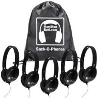 HamiltonBuhl SOP-PRM100B Sack-O-Phones, Includes: (5) PRM100B Black Stereo Headphones and (1) SOP Sack-O-Phones Carry Bag; 30mm Speaker Drivers; 32&#937; Impedance; 105db±4db Sensitivity; 50-20000Hz Frequency Response; 5' Dura-Cord - Chew-Resistant, PVC-Jacketed, Braided Nylon; Heavy-Duty, Write-On, Moisture-Resistant, Reclosable Bag; UPC 681181625468 (HAMILTONBUHLSOPPRM100B SOPPRM100B SOP PRM100B) 