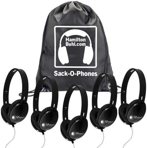 HamiltonBuhl SOP-PRM100B Sack-O-Phones, Includes: (5) PRM100B Black Stereo Headphones and (1) SOP Sack-O-Phones Carry Bag; 30mm Speaker Drivers; 32Ω Impedance; 105db4db Sensitivity; 50-20000Hz Frequency Response; 5' Dura-Cord - Chew-Resistant, PVC-Jacketed, Braided Nylon; Heavy-Duty, Write-On, Moisture-Resistant, Reclosable Bag; UPC 681181625468 (HAMILTONBUHLSOPPRM100B SOPPRM100B SOP PRM100B)