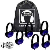 HamiltonBuhl SOP-PRM100LC Sack-O-Phones, Includes: (6) PRM100 Blue Primo Headphones with 3.5mm TRS Plug, (1) Jackbox and (1) SOP Sack-O-Phone Carry Bag; 30mm Speaker Drivers; 32&#937; Impedance; 105db ±4db Sensitivity; 50-20000 Hz Frequency Response; 5' Dura-Cord - Chew-Resistant, PVC-Jacketed, Braided Nylon; UPC 681181626571 (HAMILTONBUHLSOPPRM100LC SOPPRM100LC SOP PRM100LC) 