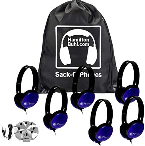 HamiltonBuhl SOP-PRM100LC Sack-O-Phones, Includes: (6) PRM100 Blue Primo Headphones with 3.5mm TRS Plug, (1) Jackbox and (1) SOP Sack-O-Phone Carry Bag; 30mm Speaker Drivers; 32Ω Impedance; 105db 4db Sensitivity; 50-20000 Hz Frequency Response; 5' Dura-Cord - Chew-Resistant, PVC-Jacketed, Braided Nylon; UPC 681181626571 (HAMILTONBUHLSOPPRM100LC SOPPRM100LC SOP PRM100LC)
