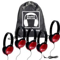 HamiltonBuhl SOP-PRM100R Sack-O-Phones, Includes: (5) PRM100R Red Stereo Headphones and (1) SOP Sack-O-Phones Carry Bag; 30mm Speaker Drivers; 32&#937; Impedance; 105db±4db Sensitivity; 50-20000Hz Frequency Response; 5' Dura-Cord - Chew-Resistant, PVC-Jacketed, Braided Nylon; Heavy-Duty, Write-On, Moisture-Resistant, Reclosable Bag; UPC 681181625475 (HAMILTONBUHLSOPPRM100R SOPPRM100R SOP PRM100R) 