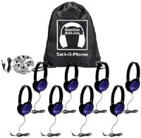 HamiltonBuhl SOP-PRM8JB Sack-O-Phones, (8) PRM100 Blue Primo Headphones with 3.5mm TRS Plug, (1) Jackbox and (1) SOP Sack-O-Phone Carry Bag; 30mm Speaker Drivers; 32&#937; Impedance; 105db ±4db Sensitivity; 50-20000 Hz Frequency Response; 5' Dura-Cord - Chew-Resistant, PVC-Jacketed, Braided Nylon; UPC 681181626830 (HAMILTONBUHLSOPPRM8JB SOPPRM8JB SOP PRM8JB) 