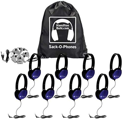 HamiltonBuhl SOP-PRM8JB Sack-O-Phones, (8) PRM100 Blue Primo Headphones with 3.5mm TRS Plug, (1) Jackbox and (1) SOP Sack-O-Phone Carry Bag; 30mm Speaker Drivers; 32Ω Impedance; 105db 4db Sensitivity; 50-20000 Hz Frequency Response; 5' Dura-Cord - Chew-Resistant, PVC-Jacketed, Braided Nylon; UPC 681181626830 (HAMILTONBUHLSOPPRM8JB SOPPRM8JB SOP PRM8JB)