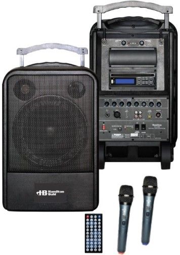 HamiltonBuhl VENU100A High Quality Portable PA System; Includes: (2) Handheld Wireless Microphones, Remote Control, AC Adapter, (4) AA Batteries (for Microphones) and USB Cover; Bluetooth Receiver, DVD/VCD/MP3/CD-R/RW Player, Telescoping Handle And Easy-Glide Rubber Casters; 60W RMS Power Output; UPC 681181624881 (HAMILTONBUHLVENU100A VENU-100A VENU 100A VENU100)