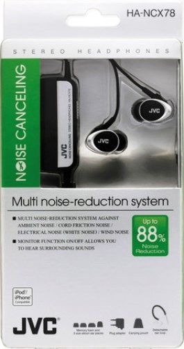 JVC HA-NCX78 Noise Canceling Headphones, Noise Reduction 18.5dB at 200Hz (88%), Frequency Response 18-22000Hz, Input Impedance 36ohms, Sensitivity 105dB/1mW, Detachable soft ear loop for secure over-the-ear cord style, Monitor function on/off allows you to hear surrounding sound without taking ear-set off, UPC 046838037672 (HANCX78 HA NCX78 HAN-CX78 HANC-X78 HANCX-78)