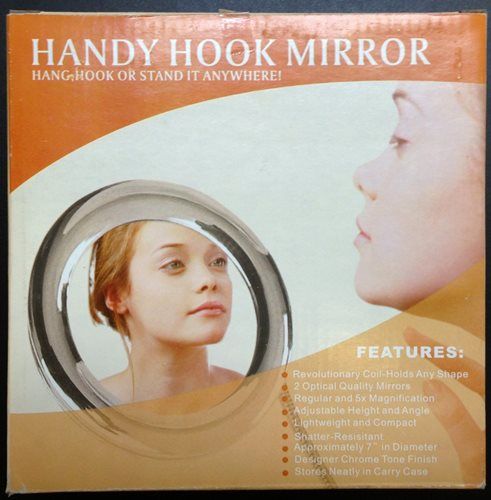 Generic HANDYHOOK92002 Handy Hook Mirror; Designer Chrome Tone Finish; Revolutionary Coil that holds any shape; Regular and 5X Magnification; 5