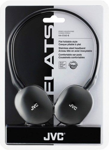 JVC HA-S160-B FLATS Compact Stereo Headphones, Black, 500mW (IEC) Max. Input Capability, Frequency Response 12-24000Hz, Nominal Impedance 32ohms, Sensitivity 103dB/1mW, Neodymium Magnet type, Color line-up matched to iPod nano 6G, Powerful sound with 1.18