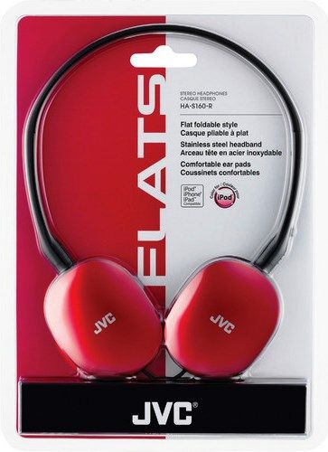 JVC HA-S160-R FLATS Compact Stereo Headphones, Red, 500mW (IEC) Max. Input Capability, Frequency Response 12-24000Hz, Nominal Impedance 32ohms, Sensitivity 103dB/1mW, Neodymium Magnet type, Color line-up matched to iPod nano 6G, Powerful sound with 1.18