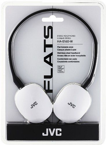 JVC HA-S160-W FLATS Light Weight Stereo Headphones, White, 500mW (IEC) Max. Input Capability, Frequency Response 12-24000Hz, Nominal Impedance 32ohms, Sensitivity 103dB/1mW, Color line-up matched to iPod nano 6G, Powerful sound with 1.18