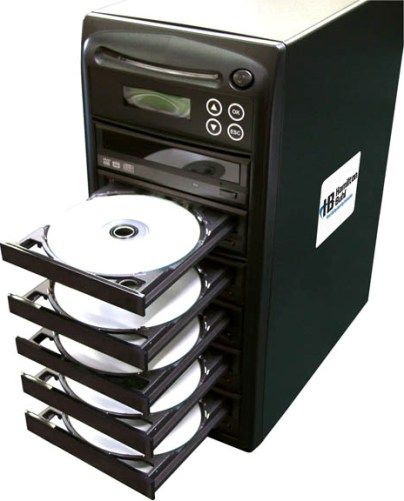HamiltonBuhl HB125 One DVD/CD Reader and Five DVD/CD Writer Standalone Duplicator, 4 button controller with 2 line LCD display, Memory speed 4X faster than competing models using SDRAM, Only takes 4 minutes to record a full 700MB CDs and about 6.5 minutes for multiple full 4.7GB DVDs, Supports all popular optical media formats, UPC 664880110237 (HAMILTONBUHLHB125 HB-125 HB 125)