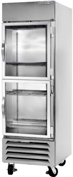 Beverage Air HBR23HC-1-HG One Section Glass Half Door Bottom-Mounted Reach-In Refrigerator with LED Lighting, 23 cu. ft. Capacity, 5.8 Amps, 60 Hertz, 1 Phase, 1/3 HP Horsepower, 2 Number of Doors, 1 Sections, 3 Number of Shelves, 24