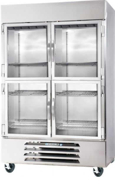 Beverage Air HBR49HC-1-HG Two Section Glass Half Door Bottom-Mounted Reach-In Refrigerator with LED Lighting, 49 cu. ft. Capacity, 8.8 Amps, 60 Hertz, 1 Phase, 1/3 HP Horsepower, 4 Number of Doors, 2 Sections, 6 Number of Shelves, 49