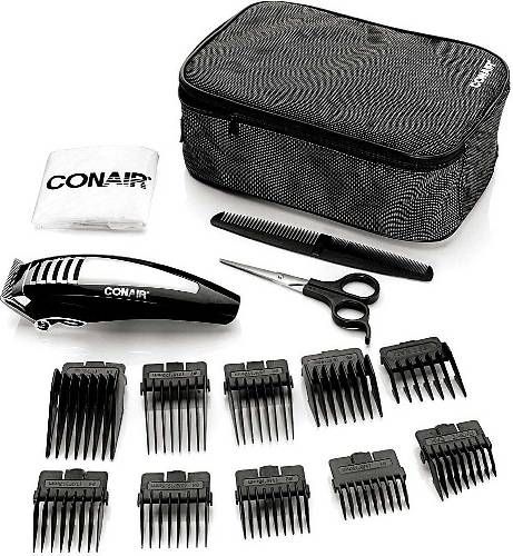 Conair HC1000 Fast Cut Pro 20-Piece Professional Haircutting Kit; Has twice the cutting force, with a powerful DC motor and professional blade technology; High-quality, self-sharpening stainless steel blades; High-performance DC motor; Taper control for customization; 10 guide combs (1/8