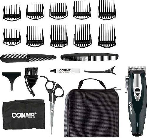 Conair HC1100R Lithium Ion 20-Piece Haircut Kit; Professional stainless steel blade technology; Lithium ion technology gives sustained power performance; Quick charge, 3-hour full charge for 75 minutes of use or 15-minute quick charge for 15 minutes of use; Lithium ion battery provides over one hour sustained power performance for reliable cord-free cutting; UPC 074108269621 (HC-1100R HC 1100R HC1100)