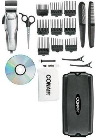 Conair HC200GB Hair Trimmer 21pc Hair Cut Kit, For professional looking haircutting and trimming results at home, Now with DC motor providing 50% more cutting power to blade, For all lengths and hair styles, Diamond sharpened carbon steel blades, Complete kit for the entire family, Powerful clipper with 5 detent taper control, Nine attachment combs, Provides 50 precision height settings, Barber cape, barber comb, styling comb, 2 styling clips (HC200GB HC-200GB HC 200GB HC200 GB)