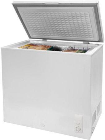 Haier HCM071LC Chest Freezer, White, 7.1 cu. ft. capacity, Holds 249 lbs of frozen food, Front designed thermostat control for easy access, Power light, Removable basket for easy access, Flat-back design, Heavy-duty spring-loaded top door hinges, White Haier chest freezer has manual defrost, Defrost drain hose included, Dimensions 22.06