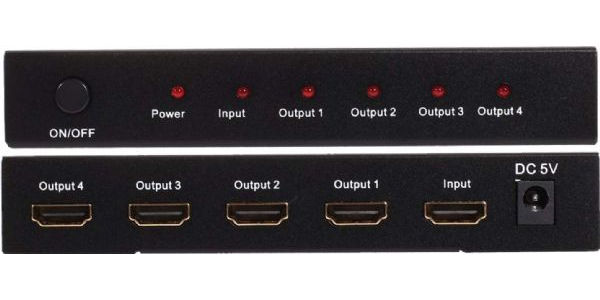 In-Link HD1X4 HDMI 1 x 4 Splitter, 3D HDCP Multiplier Box; 480i, 576i, 480p, 576p, 720p, 1080i, 1080P HDMI Resolutions; 480p, 576i, 576p, 720p, 1080i, 1080p DVI Resolutions; 1920X1200, 1080P Max Single Link Range; 0.5 -1.0 volts p-p Input Video Signal; 5 volts p-p (TTL) Input DDC Signal; HDMI 1.3; DC 5V at 2A Power supply; Up to 225MHz Bandwidth; Dimensions 8.7