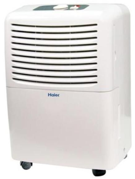 Haier HD305 Q-Series Mechanical Dehumidifier, 30-pint per day capacity, Ideal for regulating humid conditions, Super small chassis, Trouble-free drain connect, Coil in front of unit, Pre-drilled drain connect with 3-foot water hose included, Built-in bucket handle, Top built-in handles, Automatic humidistat control, Auto restart/defrost, 