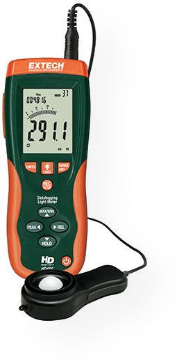 Extech HD450 Datalogging Heavy Duty Light Meter; Light meter with double molded housing and large backlit display with 40-segment bar graph; Automatically stores up to 16000 readings or manually store/recall up to 99 readings; Large backlit LCD display with 40-segment bar graph; Wide range to 40000Fc or 400,000 Lux; Cosine and color corrected measurements; UPC 793950104507 (EXTECHHD450 EXTECH HD450  LIGHT METER)