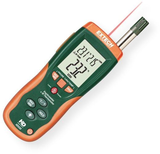 Extech HD550-NISTL Psychrometer + IR Thermometer with Limited NIST Certificate, Water vapor in GPP (grains per pound)/g/kg (grams per kilogram), Built-in InfraRed Thermometer for non-contact temperature measurement to 932F (500C) with 30:1 distance to target ratio, Type K Temperature function for contact temperature measurement to 2501F (1372C) (HD550NISTL HD550 NISTL HD-550 HD 550)