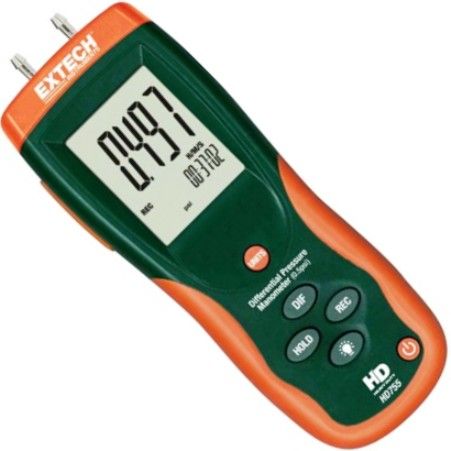 Extech HD755 Differential Pressure Manometer (0.5psi range); More or less 0.5psi range, 11 Selectable units of measure; Max/Min/Avg recording and Relative time stamp; Data Hold, Auto power off and Zero function; Large LCD display with backlighting; Heavy duty, double-molded housing; Built-in USB port (Windows compatible PC software and cable included); Dimensions: 8.2 x 2.9 x 1.9 in.; Weight: 2 pounds; UPC 793950107553 (EXTECHHD755 EXTECH HD755 MANOMETER PRESSURE)