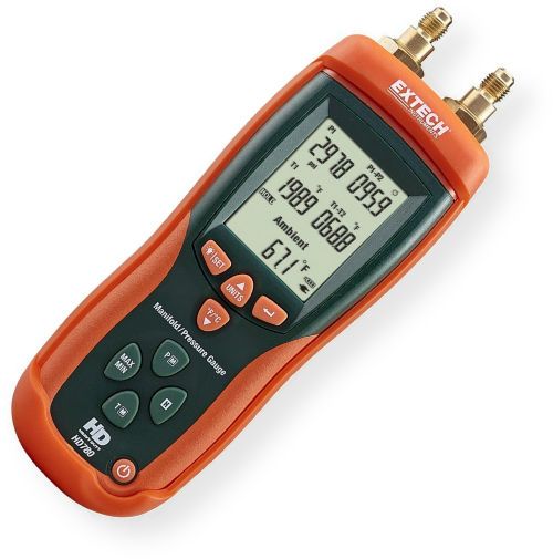 Extech HD780 Digital Manifold/Pressure Gauge, Dual-Input Heavy-Duty Pressure/Type-K Temperature Meter; Dual differential inputs for pressure and temperature; Displays 5 types of pressure units; For use with R22 and R410A refrigerants; Standard 1/4 NPT male flare fittings; Large backlit LCD displays P1, P2, P1-P2, T1, T2, T1-T2, Ambient Temperature, plus Min/Max/Avg; UPC: 793950107805 (EXTECHHD780 EXTECH HD780 MANIFOLD PRESSURE)