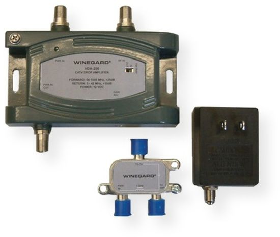 Winegard  HDA200 24dB Distribution Amplifier; Silver;  Housed in an industrial grade, weather resistant enclosure; Amp works best when located as close to the source (antenna, or cable TV drop); Each unit has an RF input, amplified RF output, and DC power insertion jack; Gain: 24dB, noise figure: 4.5 dB; UPC 615798396657 (HDA200 HDA- 200 HDA200AMPLIFIER HDA200-AMPLIFIER HDA200WINEGARD HDA200-WINEGARD)