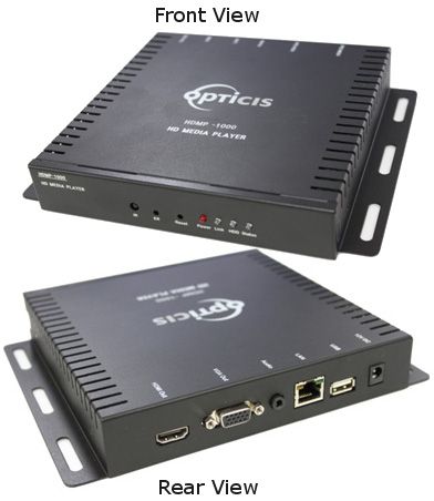 Opticis HDMP-1000 HD Media Player; Plays HD video up to 1080p and audio contents using HDMI out, VGI out/3.5mm stereo audio; Uploads contents by networked server or by plugging USB memory to its back, Stores contents in 2GBytes CF and SD memory, Manages network setting and independent operation by remote control (HDMP1000 HDMP 1000)