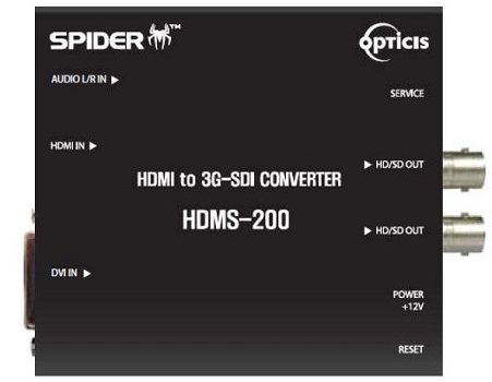 Opticis HDMS-200 HDMI and DVI to 3G-SDI Video Converter; Supports multi-rate SDI formats; Equipped one HDMI1.3 input and one DVI input; Equalizes two 3G-SDI outputs; Has an Input status LED; Input voltage range +5 to 24V; Package Contains 1X HDMS-200; 1x +12V 1A adaptor and 1 User manual; Dimensions 4.2