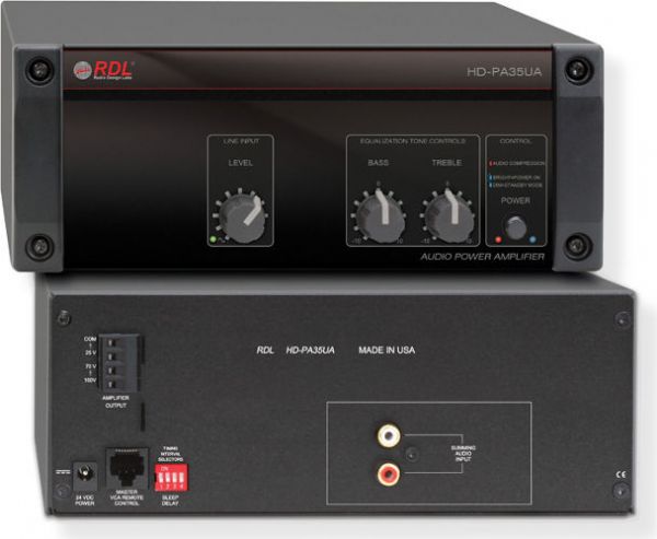 RDL RDL-HDPA35UA Power Amplifier 35 Watt,  25, 70, 100 V, with Power Supply; One input with front panel volume control; Bass and treble tone controls; Designed as a single zone amplifier; Master volume VCA controlled with remote adjustment capability; Amplifier output on detachable terminal block; Unbalanced summing inputs on RCA jacks; Includes power supply; UPC 813721010735 (HDPA35UA HDPA-35UA HDPA35-UA RDLHDPA35UA RDLHD-PA35UA RDLHDPA-35UA BTX)